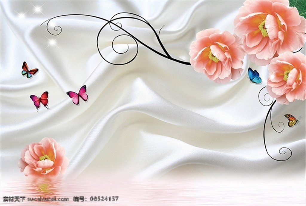 3d 玫瑰花 藤 背景 墙 玫瑰 花藤 蝴蝶 丝绸 背景墙 分层