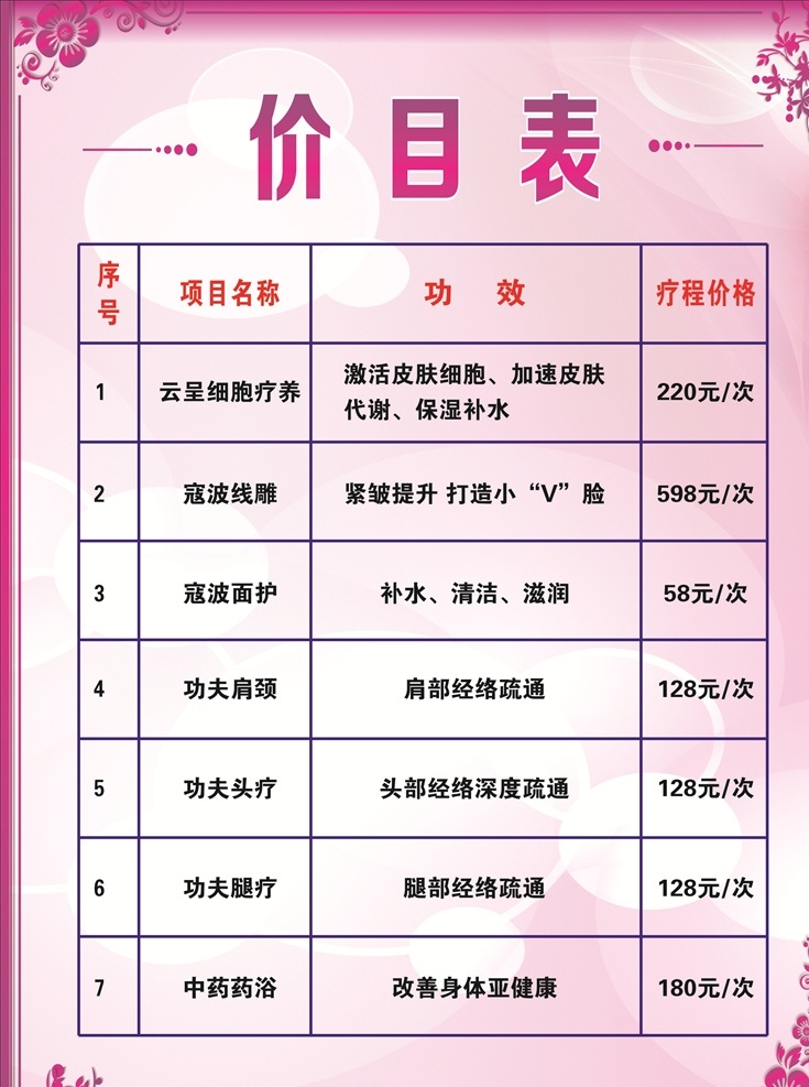 美容店价目表 价目表 美容店 价格 护肤 头疗
