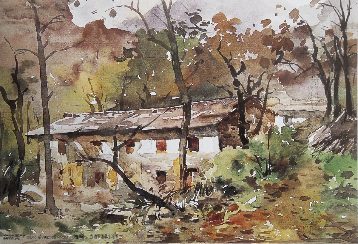 水彩画 水彩 风景 水彩风景画 秋天 树木 房子 农舍 刘 凤兰 绘画书法 文化艺术