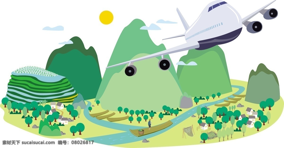 商用 旅行 风景 桂林漓江 飞机 山脉 河流 竹筏 人 树 人物 绿色 房子 山 商业 植物 景色 村庄 田地 鱼网 渔民 船夫 石头 树林