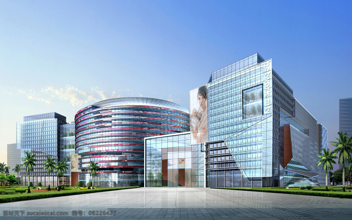 两翼结构 城市 商业 购物 建筑 玻璃幕墙 环境设计 建筑设计图片 设计图 设计效果图 都市环境 两翼 环形侧刀结构 家居装饰素材