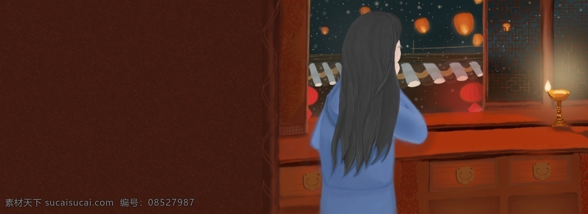 手绘 风 新年 背景 图 中国风 祈福 孔明等 雪 星星 女孩 夜 屋檐 灯盏 光 温馨
