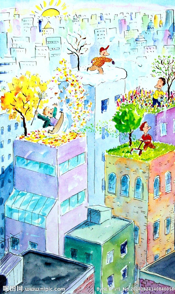 创意水彩画 插画作品 水彩画 绘画 房子 树木 植物 高楼大厦 人物 艺术 视觉冲击 想象逼真 美丽 色彩淡雅 品味 装饰 绘画书法 文化艺术