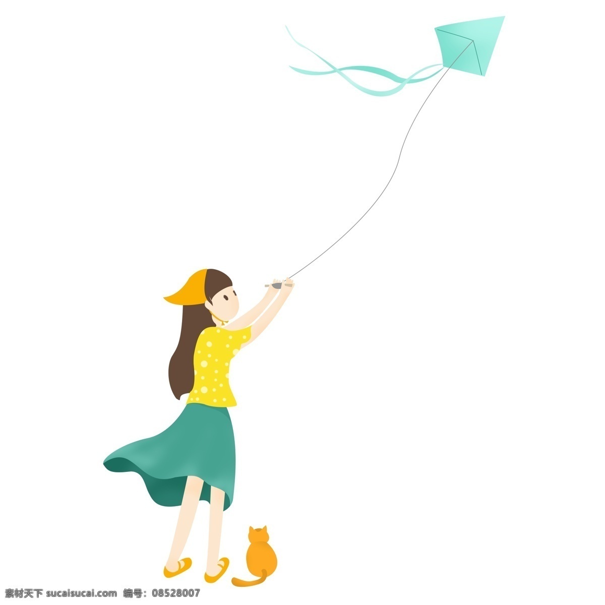 少女 放风筝 简约 卡通 元素 风筝 风筝节 清明 春天 喵咪 春游 踏青季 风筝少女 简约卡通 免扣