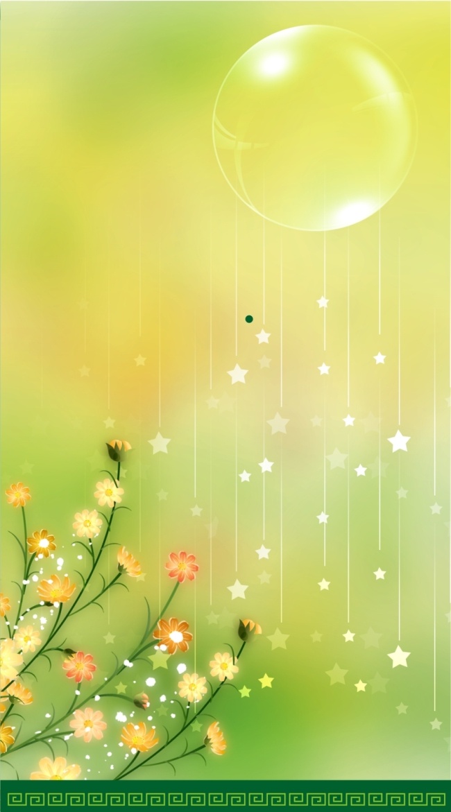 黄绿色 鲜花 透明 气泡 背景 绿黄色背景 透明水滴 悬挂的星星 鲜花点缀 矢量图
