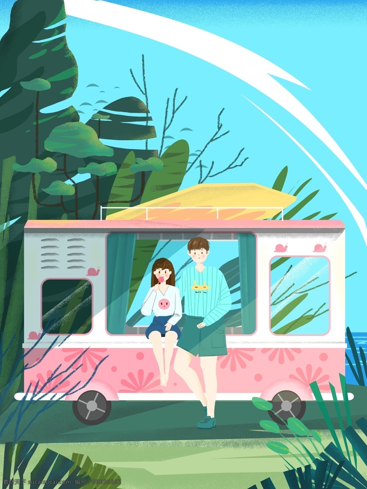 一起 去 踏青 旅游 植物 情侣 女孩 男孩 插画 郊外 机理