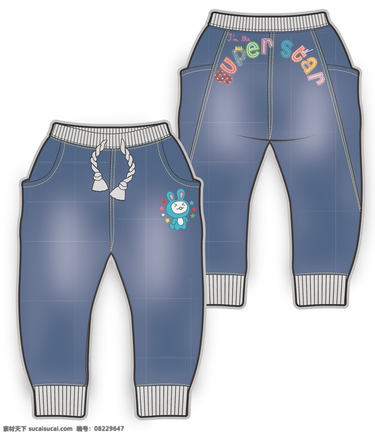 松紧 裤 小女孩 服装设计 彩色 原稿 矢量 蓝色 牛仔 儿童服装设计 可爱 手绘 保暖 源文件