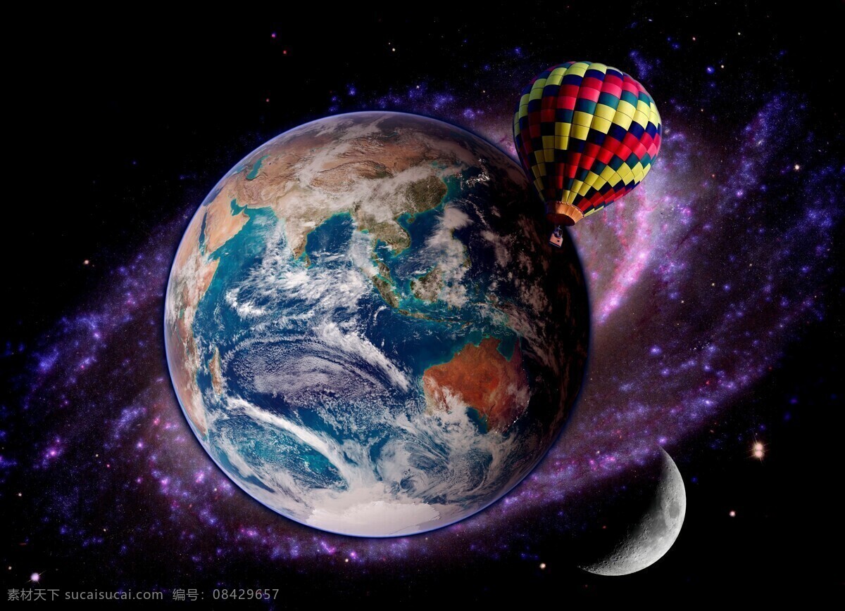 热气球与地球 热气球 星系 星球 天体 天空 宇宙 天文科技 宇宙太空 现代科技 黑色