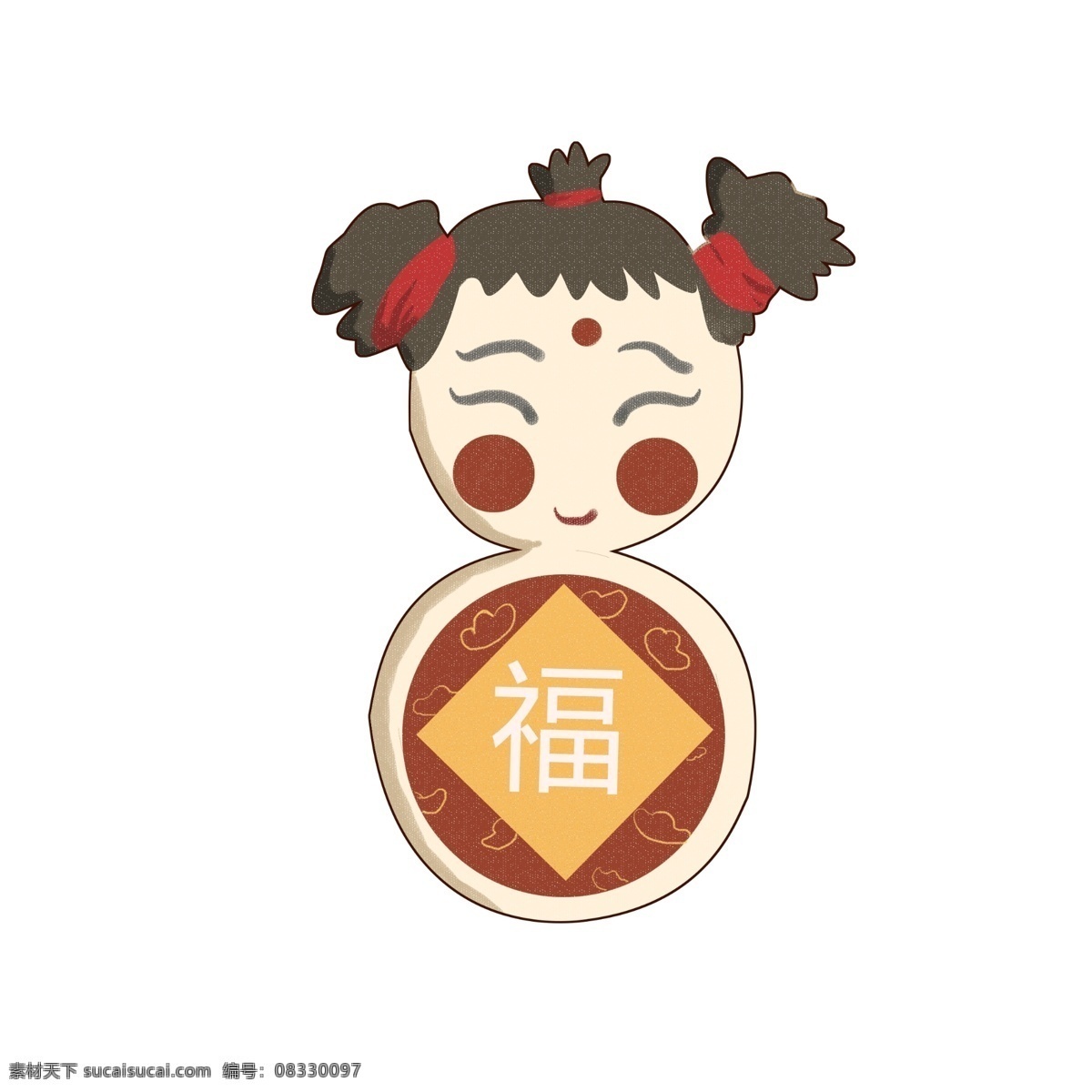 新年 人物 手绘 插画 漂亮的小女孩 黄色的福字 红色的绳子 红色的发带 新年小物插画 卡通人物小物 漂亮 女孩