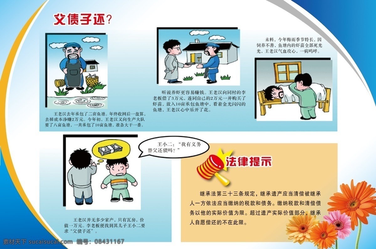 法治宣传 继承法 漫画 法治宣传漫画 法治 法律 模板 版式 花 红花 雏菊 展板模板 不才之作 分层 源文件