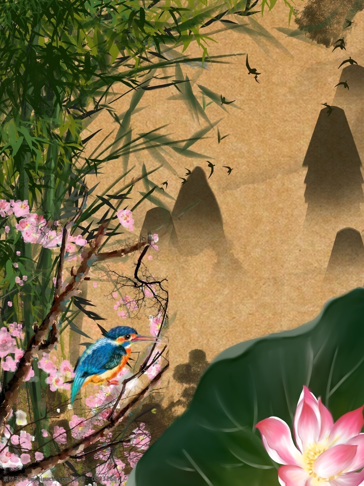 中国 风 传统 荷花 插画 背景 赏荷花 插画背景 荷花背景 夏季背景 赏花 荷叶 复古背景 山水背景