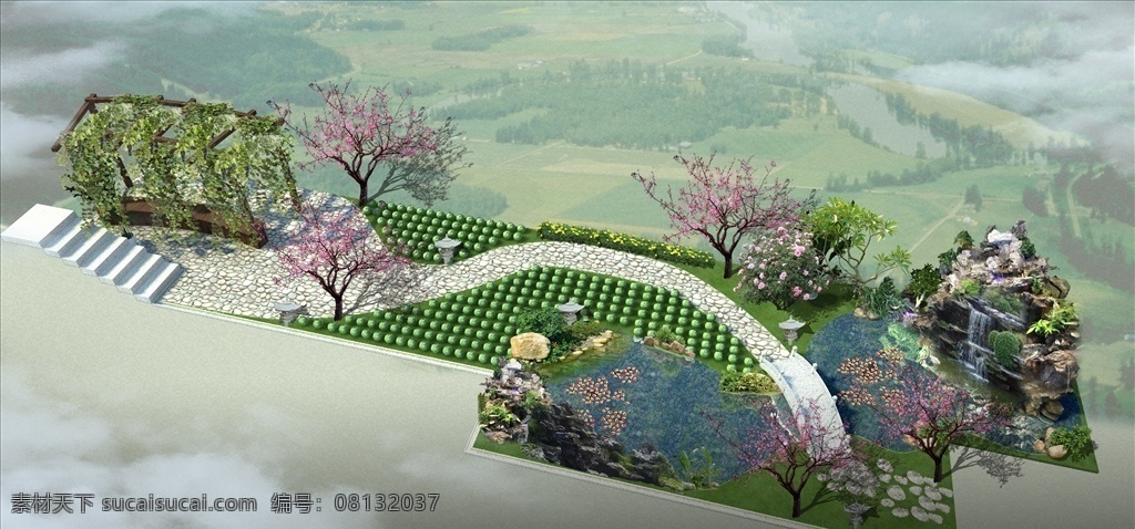 庭院 假山 效果图 花园 ps 分层 风景
