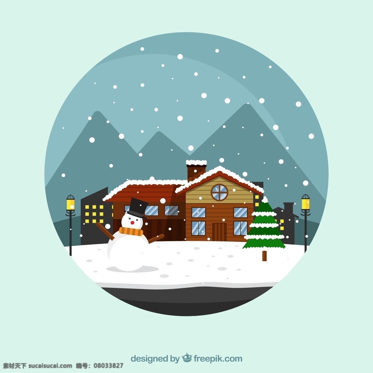 卡通 雪 中小城 插画 路灯 雪花 雪人 建筑 圣诞树 矢量 高清图片