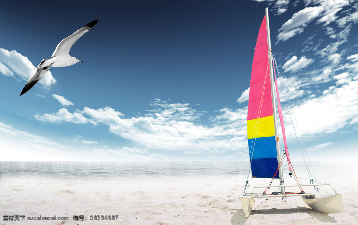 海边 帆船 海鸥 沙滩 蓝色天空 蓝天云朵 高清风景 自然风景 自然景观