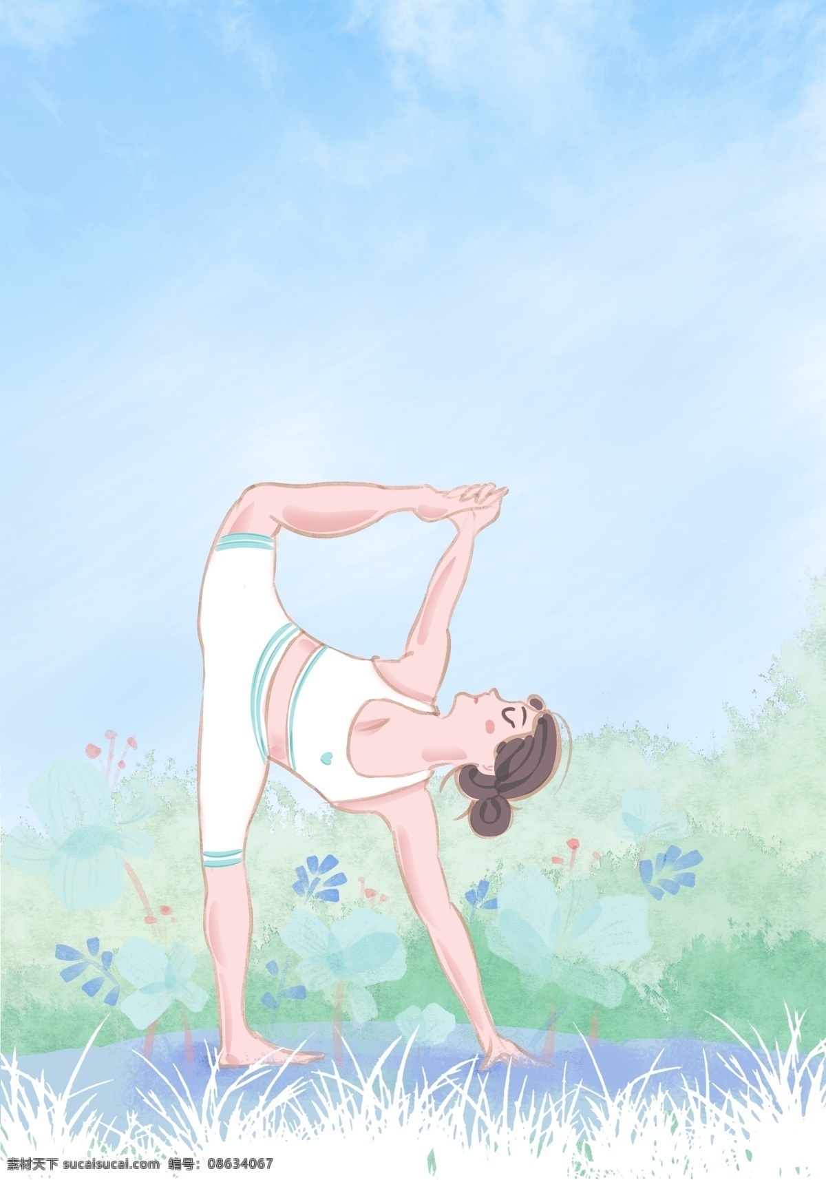 唯美 绿色 夏季 瑜伽 运动 背景 夏天 植物 草地 蓝天
