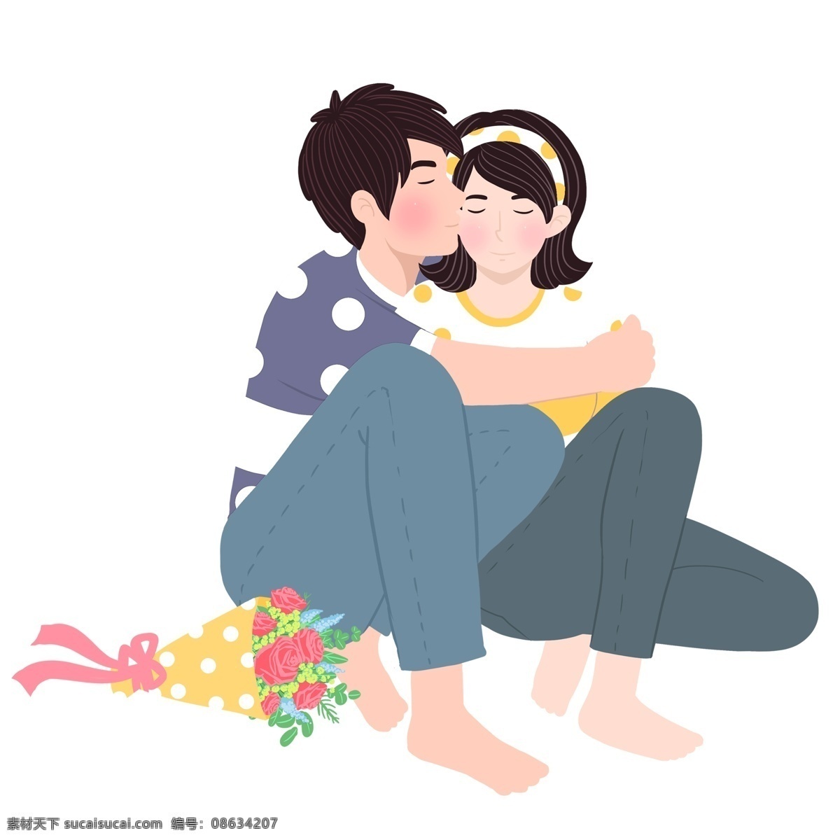 清新 手绘 情侣 接吻 场景 卡通 可爱 女孩 男孩 人物 520表白节 鲜花