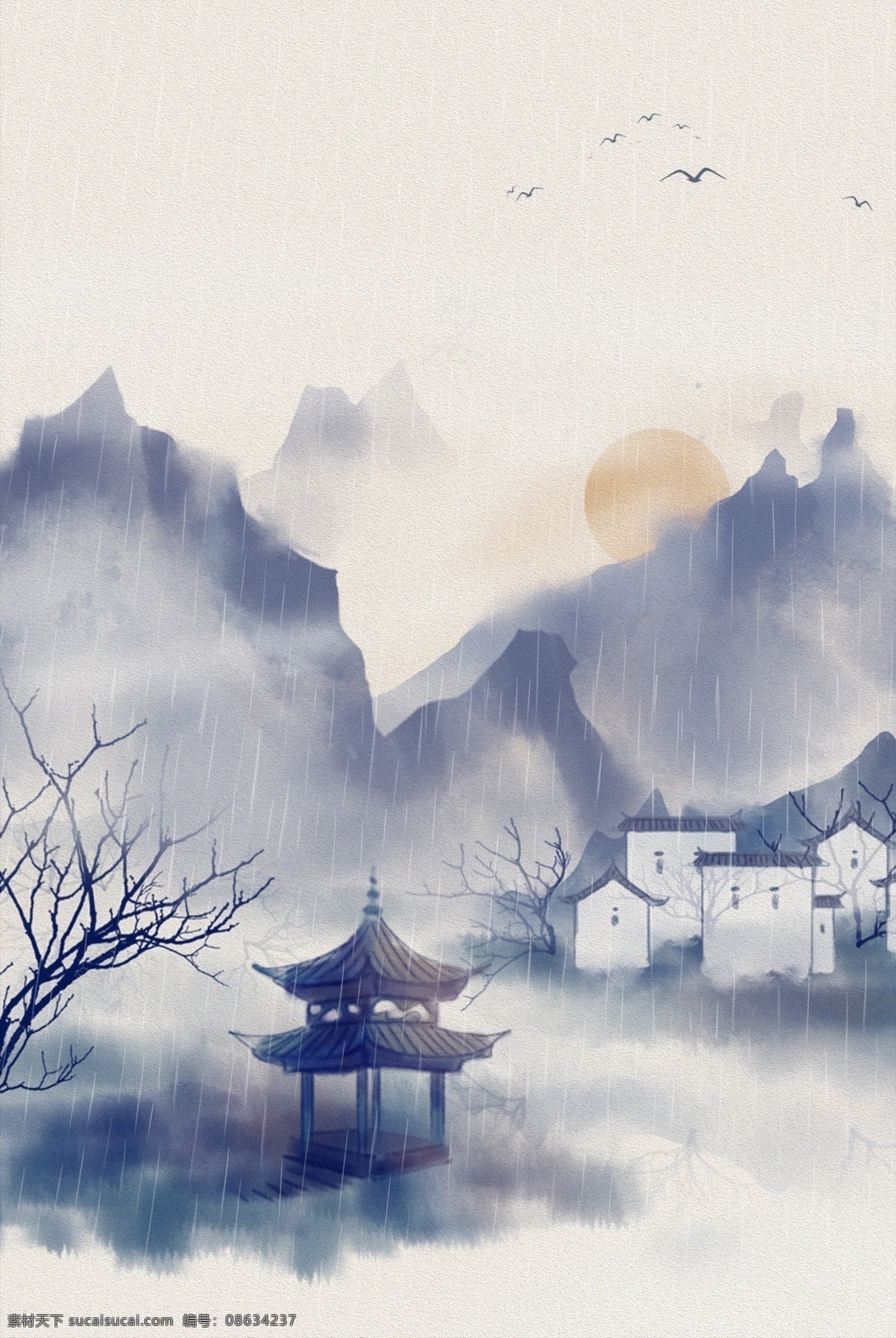 大气 苍山 凉亭 清明 背景 古风 远山 乡村 清明背景 房子 中国风 水墨风 底纹 雨水
