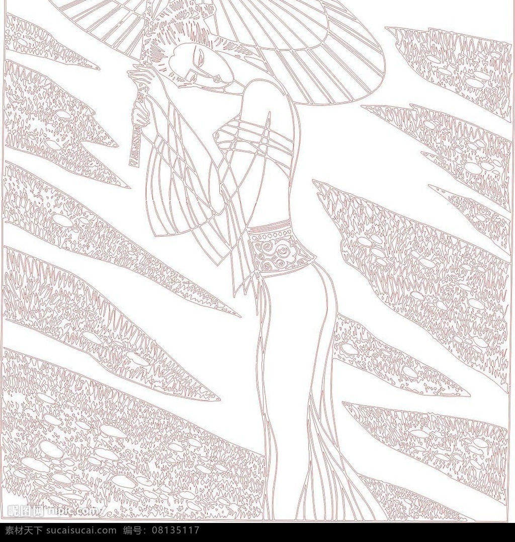 美女线条图 美女 石纹 路纹 精美线条 雨伞 抽象图案 矢量图库 文化艺术 美术绘画 美女线条画