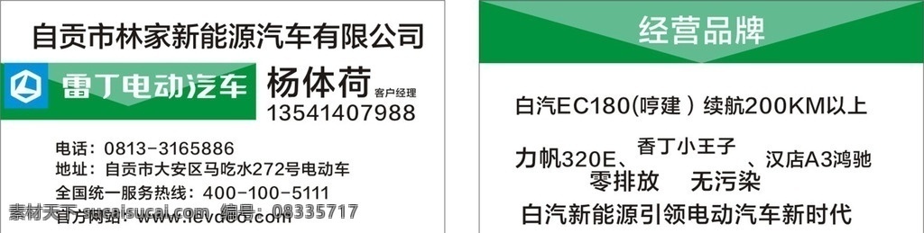 雷丁电动车 雷 丁电动车 绿 色 电动车 名片 环保 名片卡片
