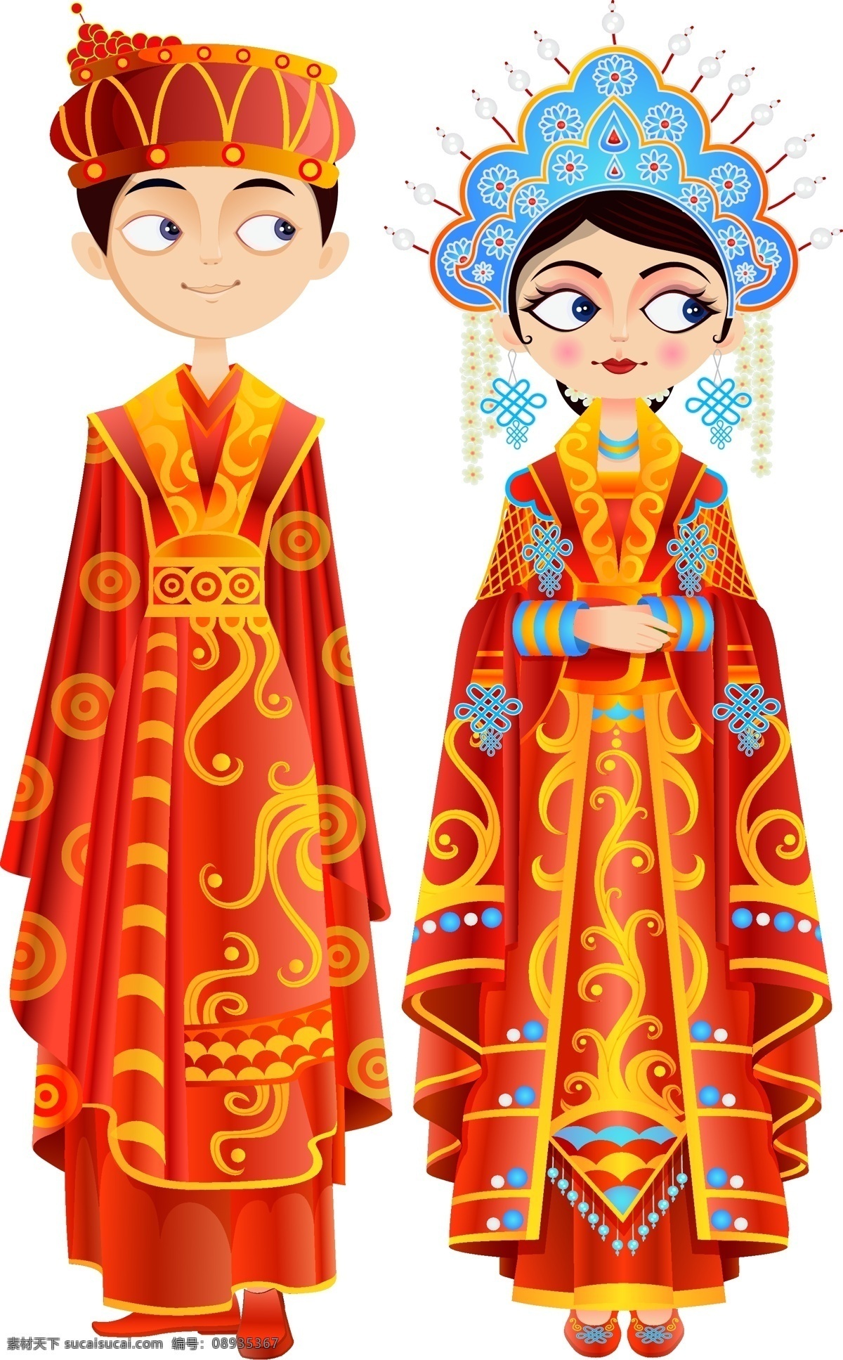 手绘 新婚 服饰 元素 红色 喜庆 服装 头饰 矢量