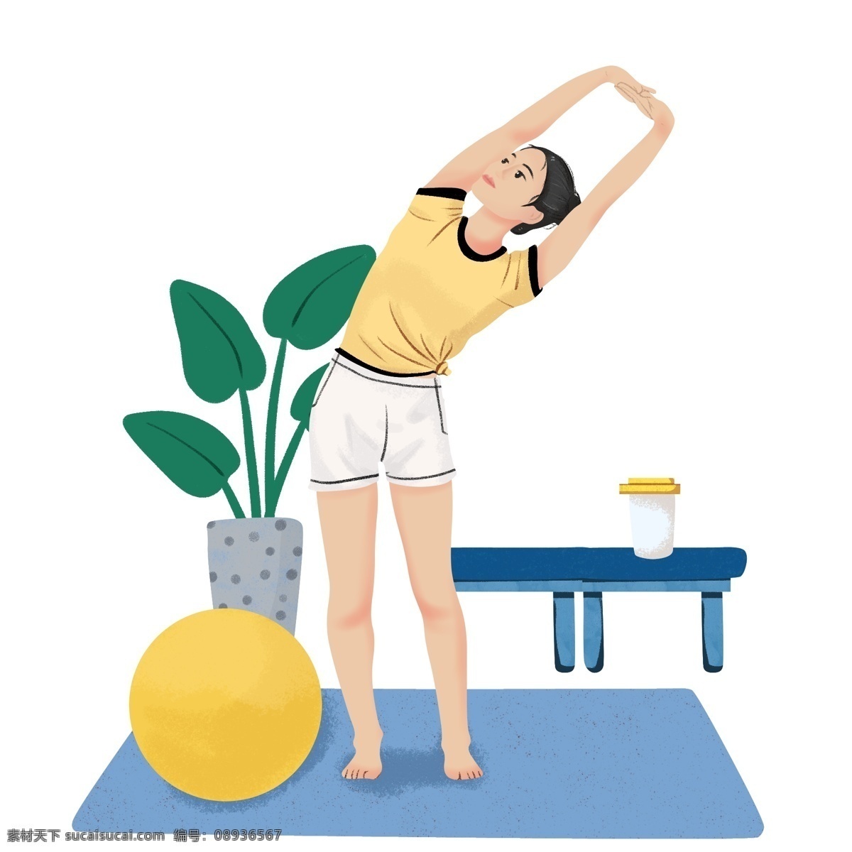 练习 瑜伽 小女孩 瑜伽健身插画 练习瑜伽女孩 瑜伽健身 漂亮的小女孩 黄色的圆球 蓝色的垫子