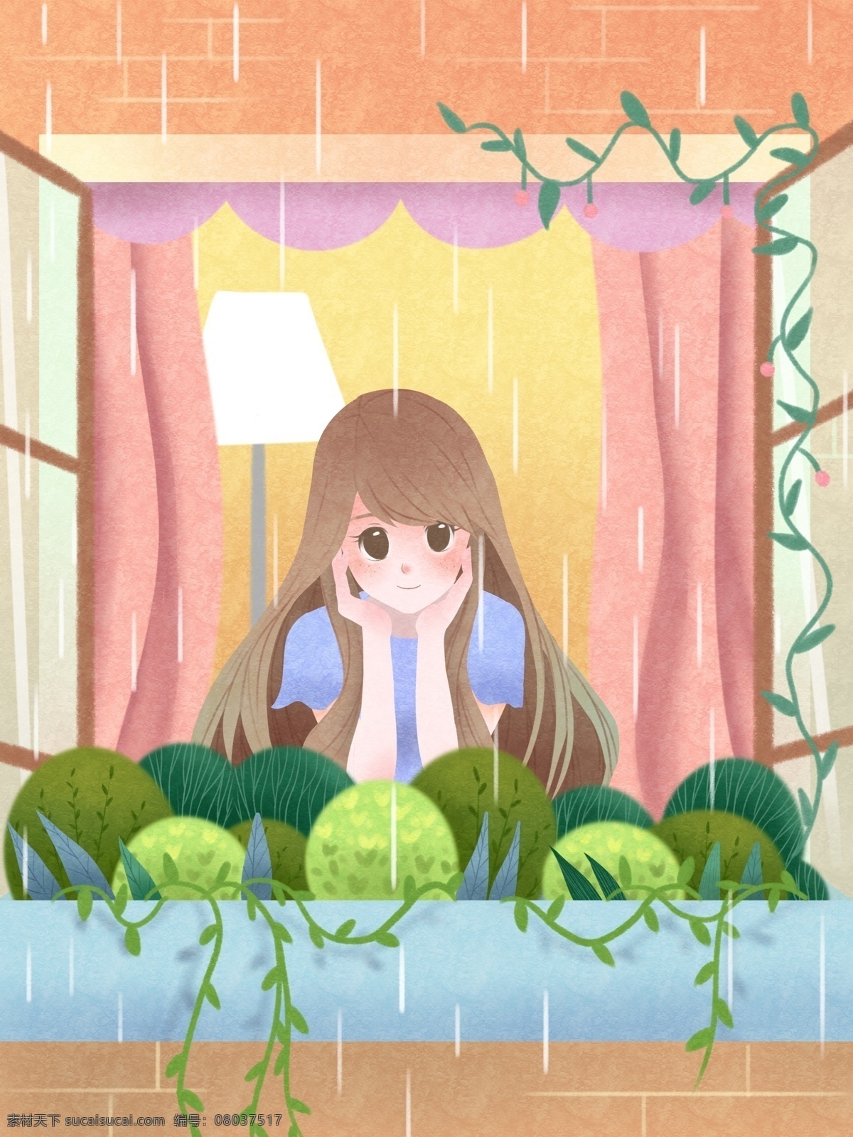 谷雨 屋内 看 雨 少女 插画 节气 十二节气 窗户 植物 雨水