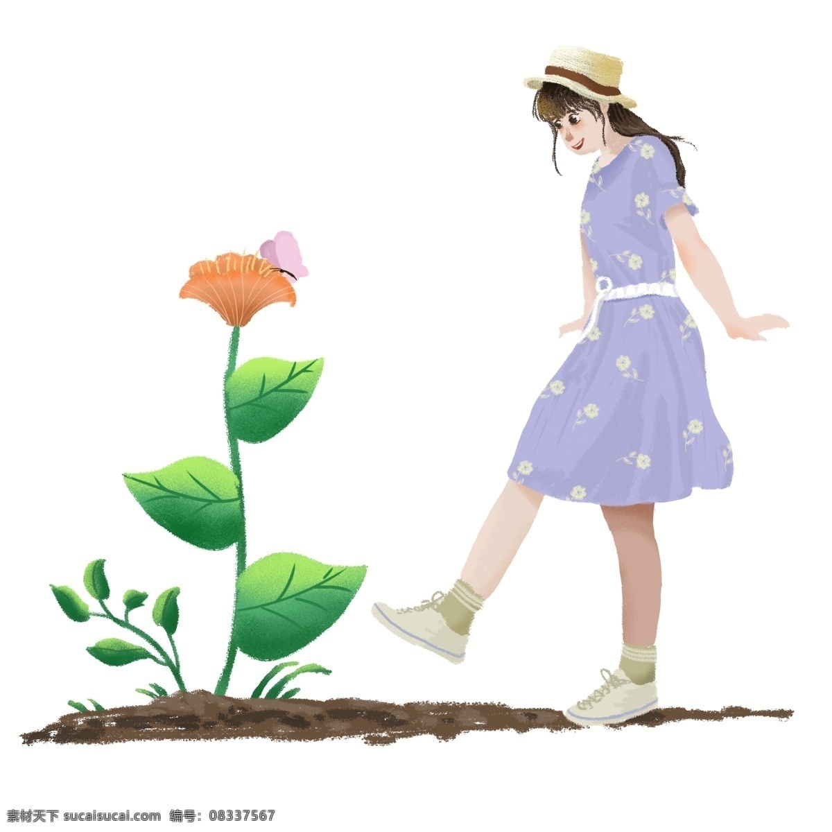 手绘 春天 捉 蝴蝶 女孩 人物 元素 装饰 图案 手绘人物 鲜花 长裙女孩 戴帽子的女孩 人物元素 手绘植物