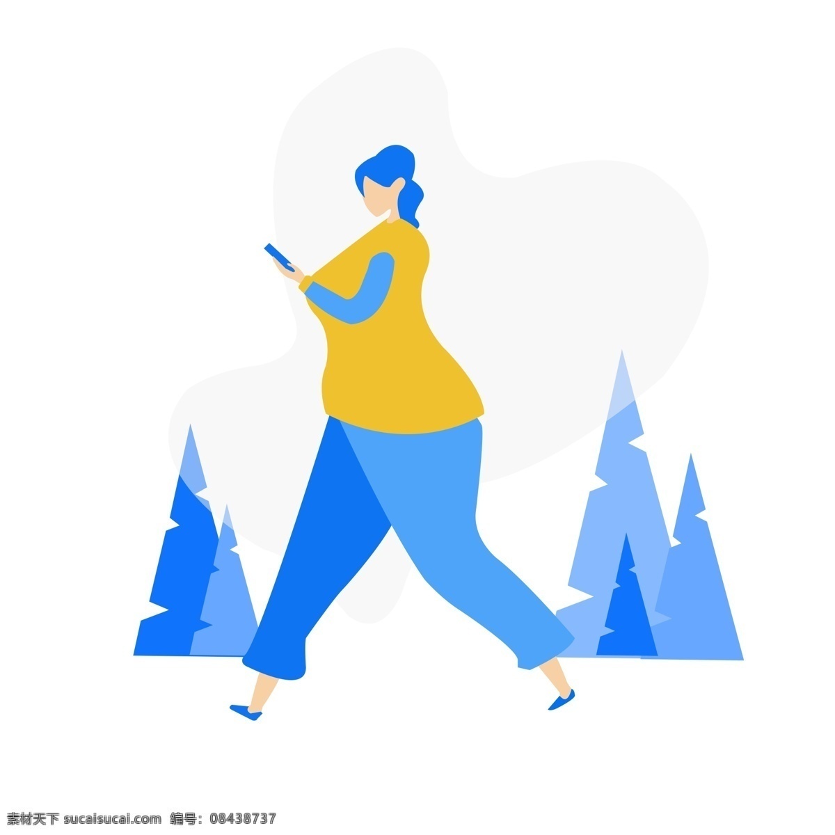 玩 手机 走路 女人 扁平化 夸张的 玩手机 矢量图 森林 ppt图标 人物 蓝色系