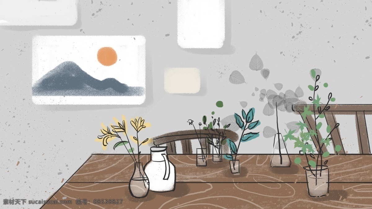 新 中式 家居 插花 植物 木头 桌子 插画 家具 花 画 插图