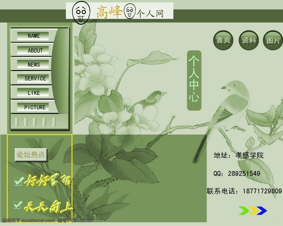 个人网页 个人 网页模板 网页 浅色背景 水晶按钮 网页导航栏 文字 花鸟国画背景 毛泽东的字体 重点符号标记 人物头像表情 中文模版 源文件 网页素材