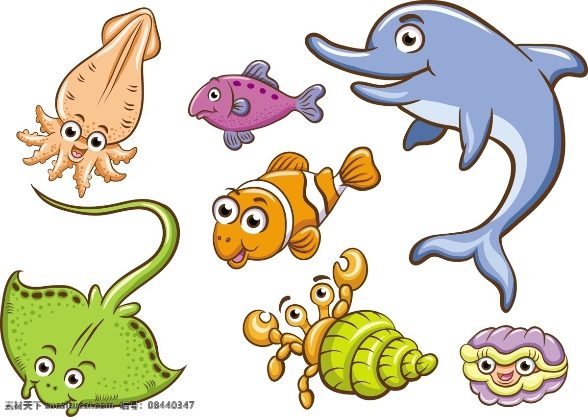 卡通海洋生物 彩色海洋生物 鱼 章鱼 鲸鱼 鱿鱼 海豚 鲨鱼 海鳗 海洋生物 动物