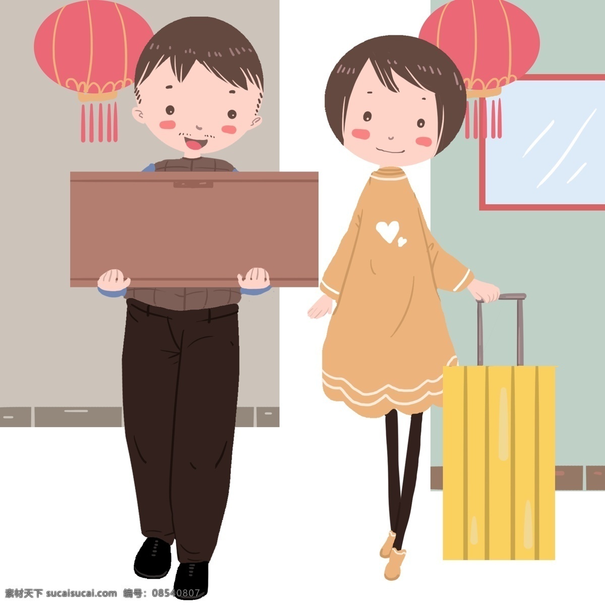 爸爸 帮 女儿 行李 回家 猪年 小清新插图 开心的爸爸 新年 2019 农历 抬 重重 拖 行李箱