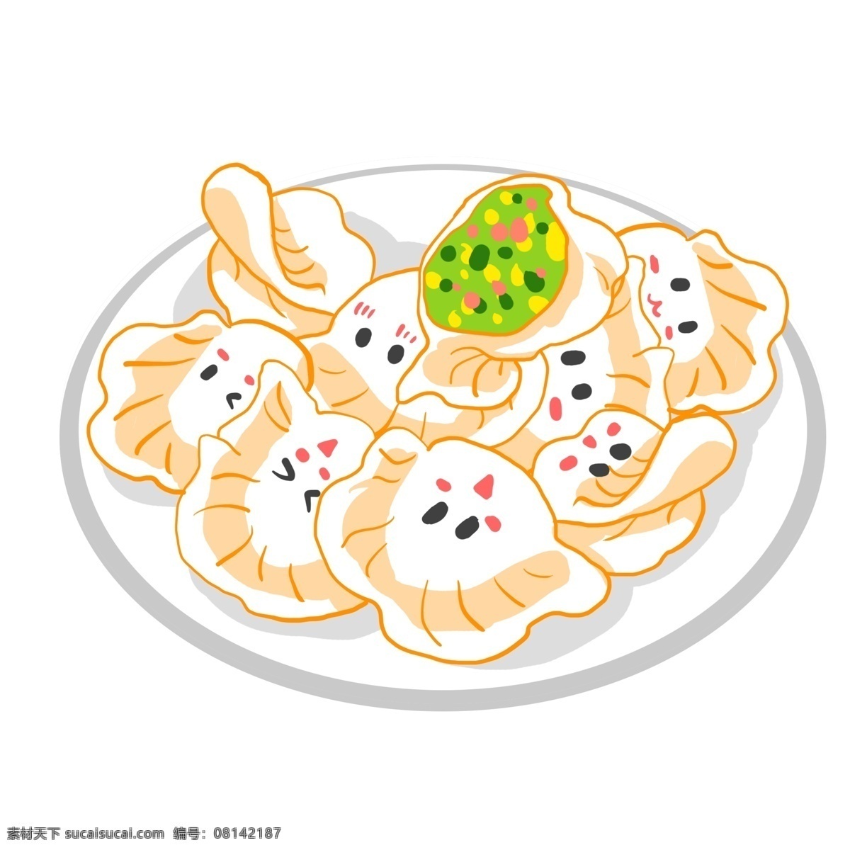 立冬 小 物 卡通 手绘 插画 饺子 饺子馅 白色的盘子 盘子 叶子 青菜 健康 营养 小物 中国食物 传统 美食 饺子卡通脸 手绘插画