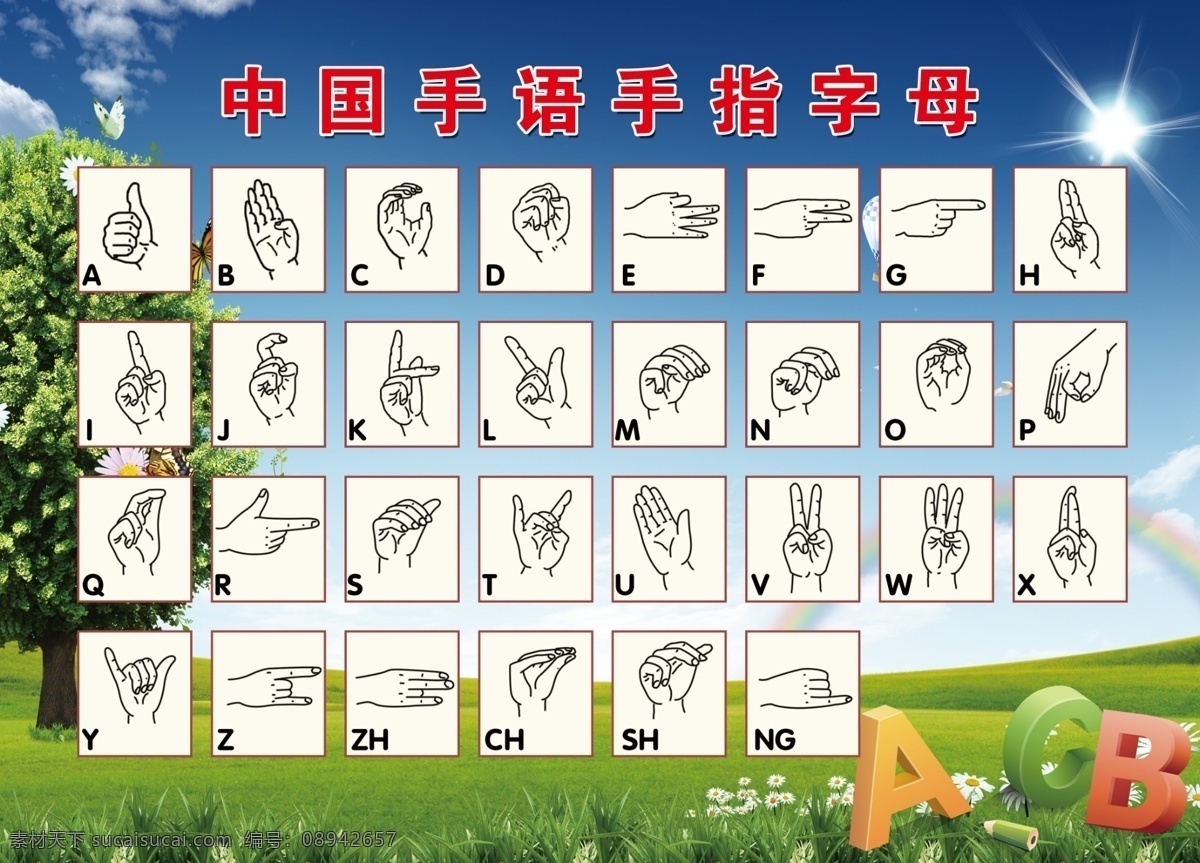 中国 手语 手指 字母表 字母 手势 风景背景 abc 广告设计模板 源文件