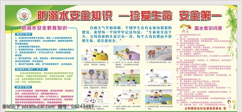 安全社区建设 防 溺水 安全 常识 防溺水常识 漫画 绿叶 展板 学校展板 展板模板