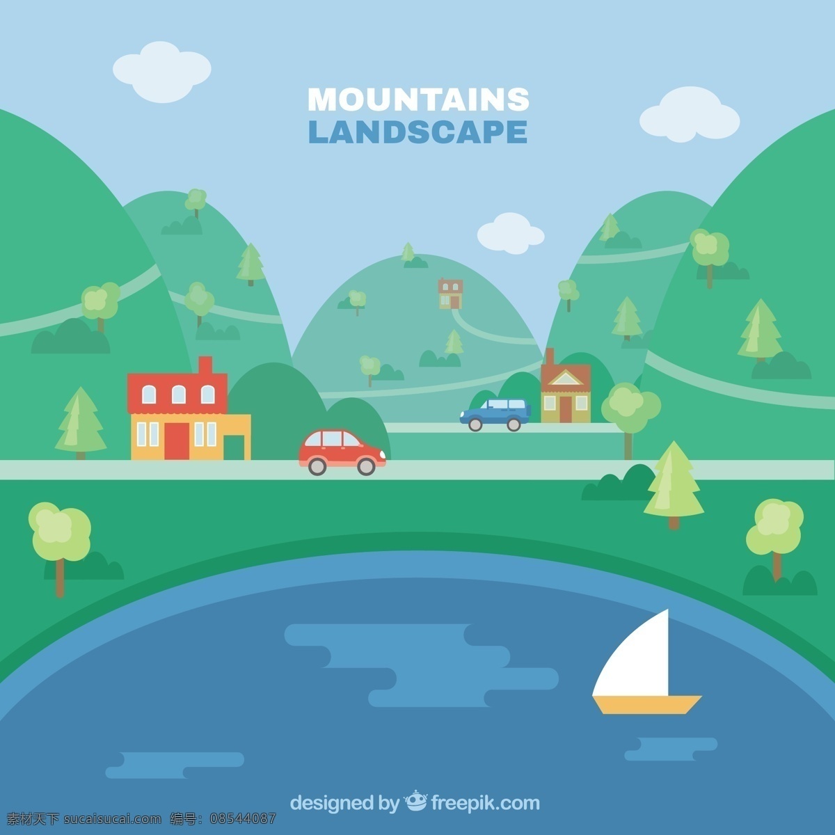 平坦 中 山水 背景 房子 树叶 自然 地球 景观 平 树木 环境 平面设计 自然背景 山脉 河流 室外 土地 地面