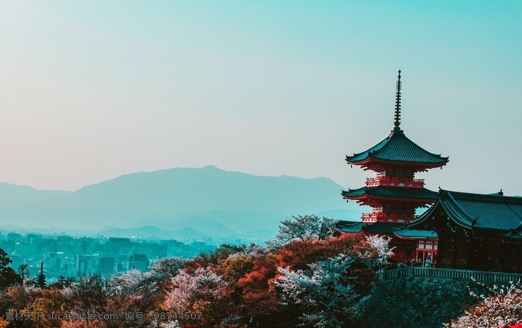 日式 寺庙 山水 天空 背景 背景素材