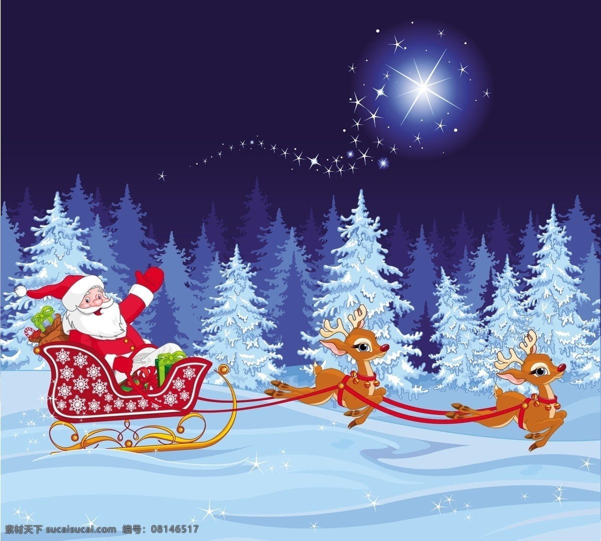 拉 圣诞老人 雪地 上 奔跑 圣诞 圣诞鹿 白雪 圣诞树 星光 光晕 闪亮 圣诞雪橇车 奔跑的圣诞鹿 圣诞节 节日素材 新年素材 卡通素材 文化艺术 节日庆祝