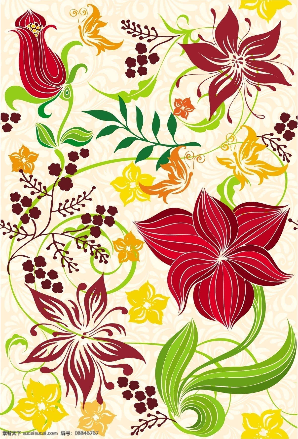 艳丽 花卉 图案 背景 元素 矢量 底纹 花藤 花纹 手绘 叶子 矢量图 花纹花边