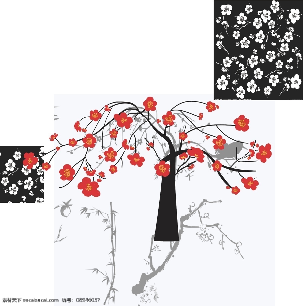插画 古风 梅花 树 梅花树 古风素材 红梅 水墨