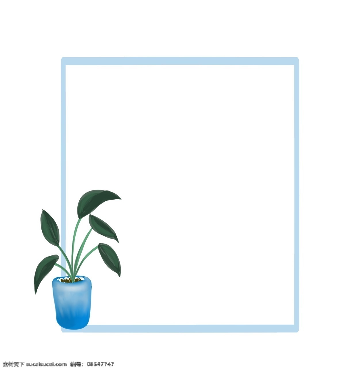 手绘 盆栽 蓝色 边框 植物 绿色 叶子 小清新