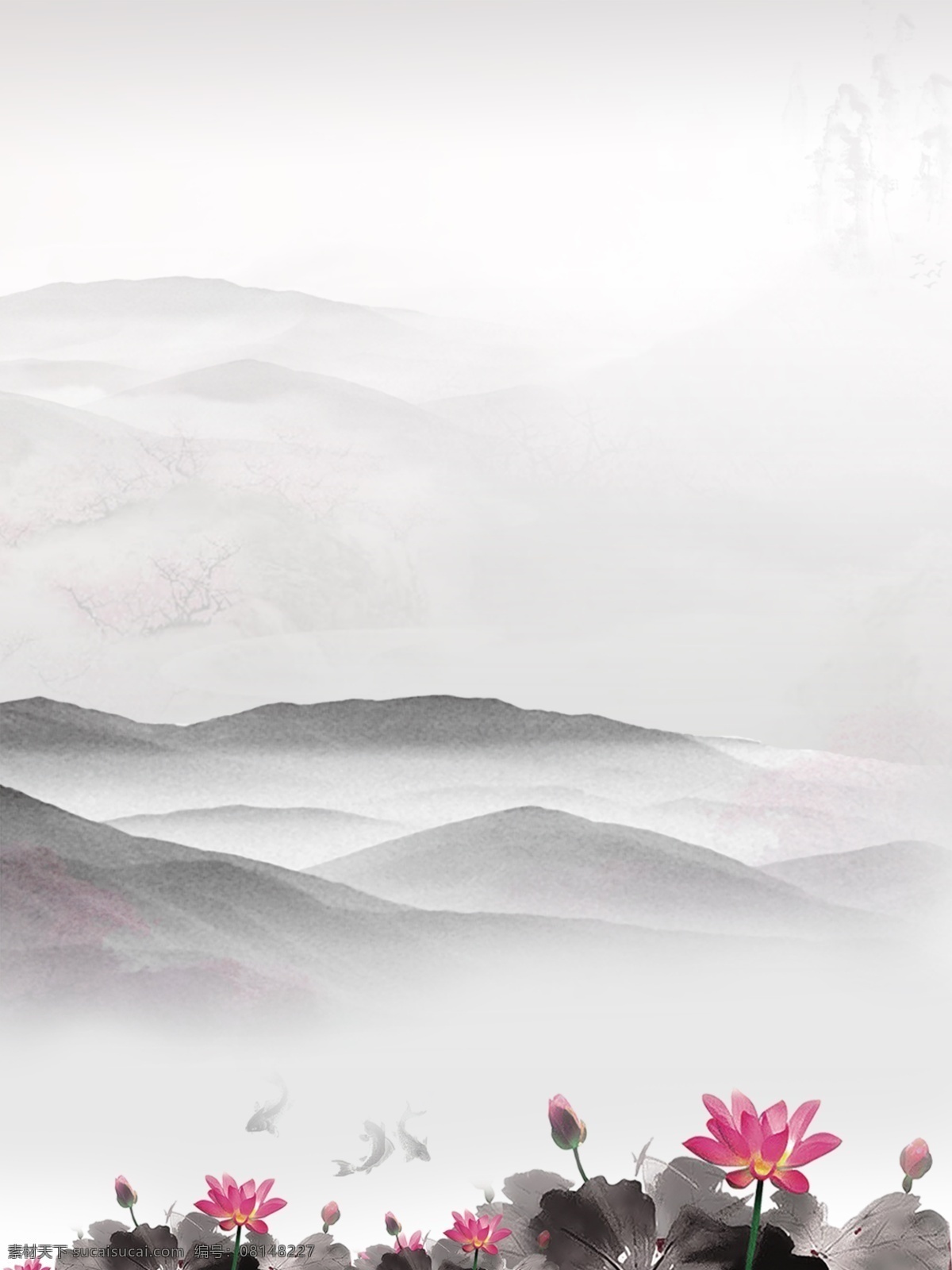 水墨 山 荷花 池塘 鱼 黑白 简约 背景 荷叶 水墨画 展板 水 山丘