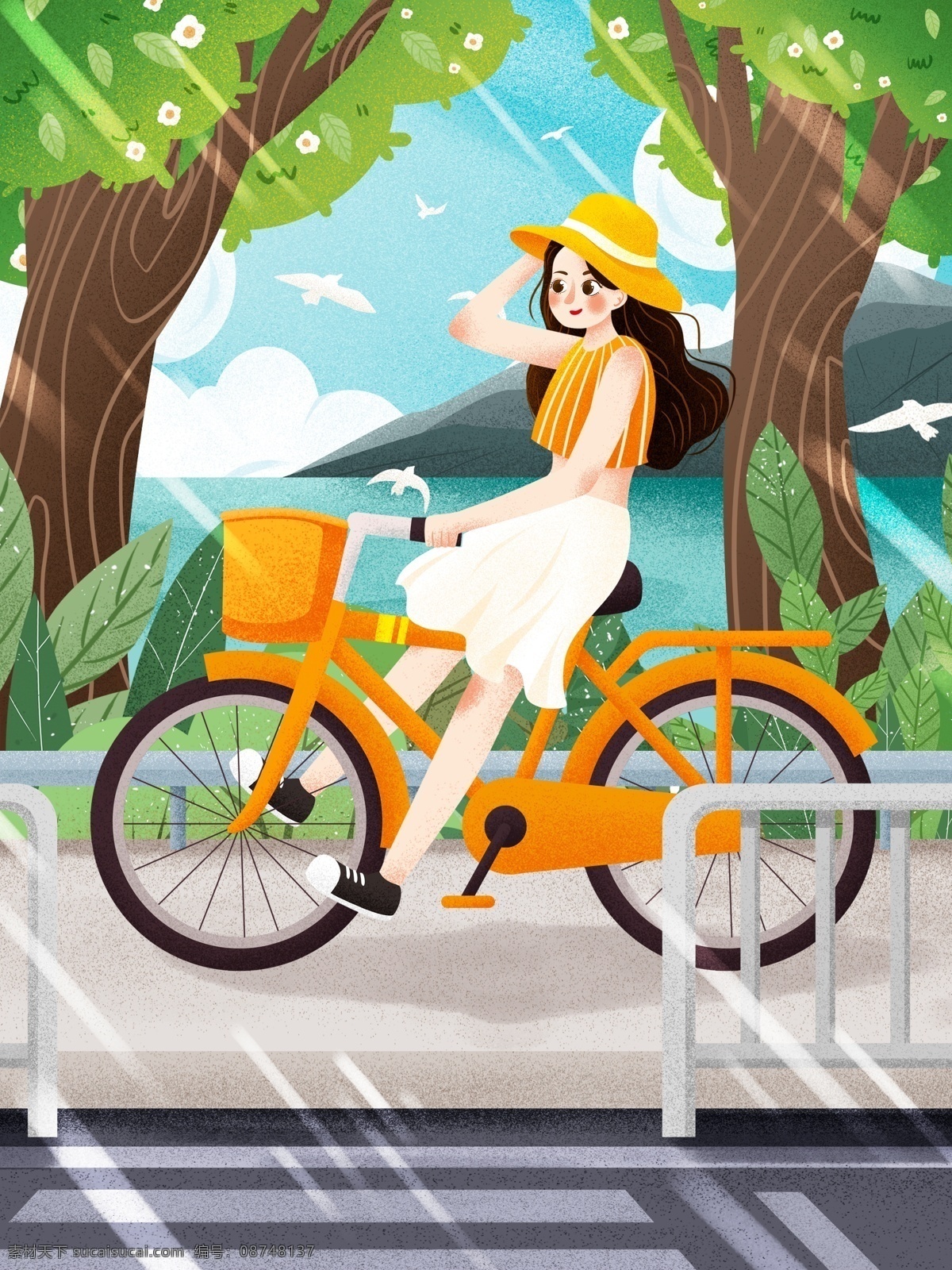 清新 环保 绿色 出行 骑 自行车 女孩 插画 环保插画 绿色出行插画 低碳环保 骑自行车 文明出行 文明交通 自行车女孩 树 植物 围栏 蓝天白云 阳光 春 阳春三月 春季 春天 你好春天 旅行 踏青