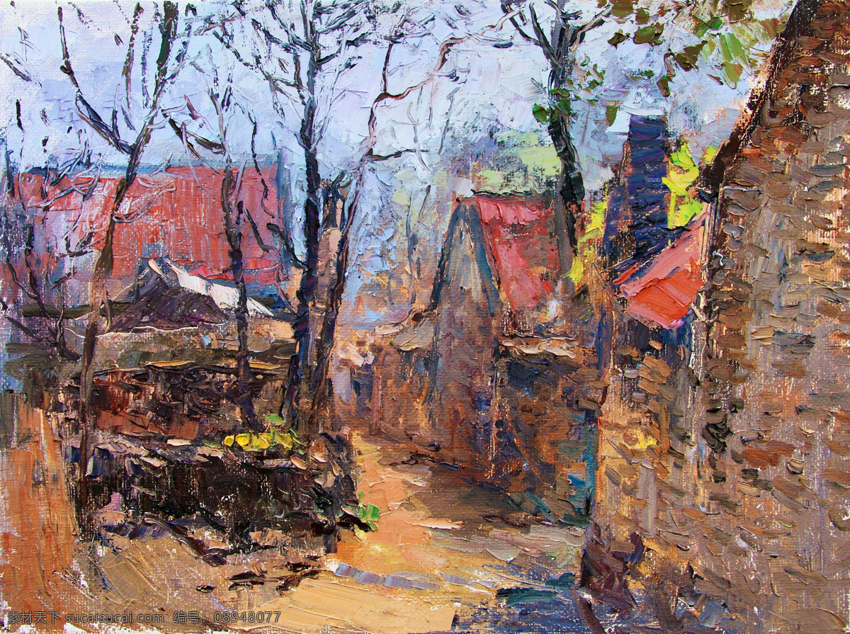 房屋 风景 绘画 绘画书法 美术 农村 农家 沂蒙村庄 油画 树木 村道 油画艺术 油画作品26 文化艺术 家居装饰素材
