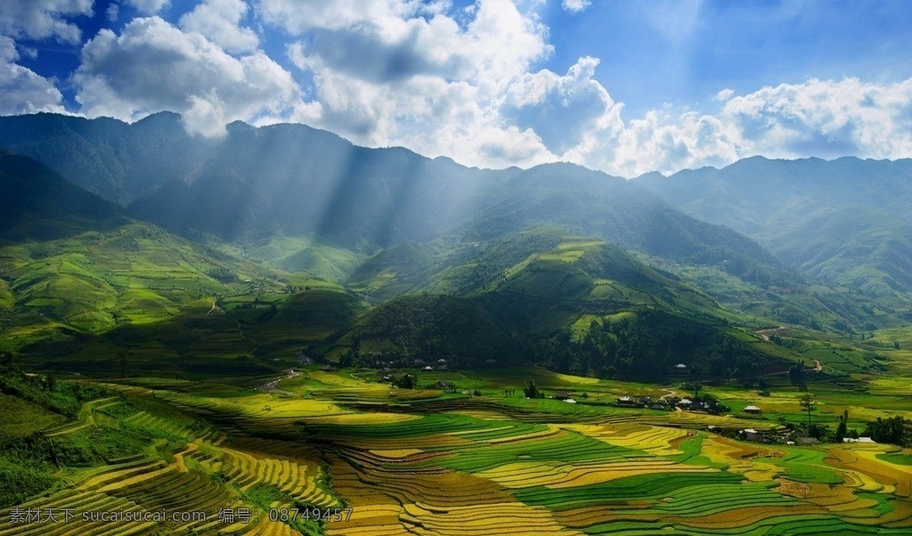 田园风光 盆地 高山 自然风景 自然景观 蓝天 白云 田地 山 风景 旅游摄影