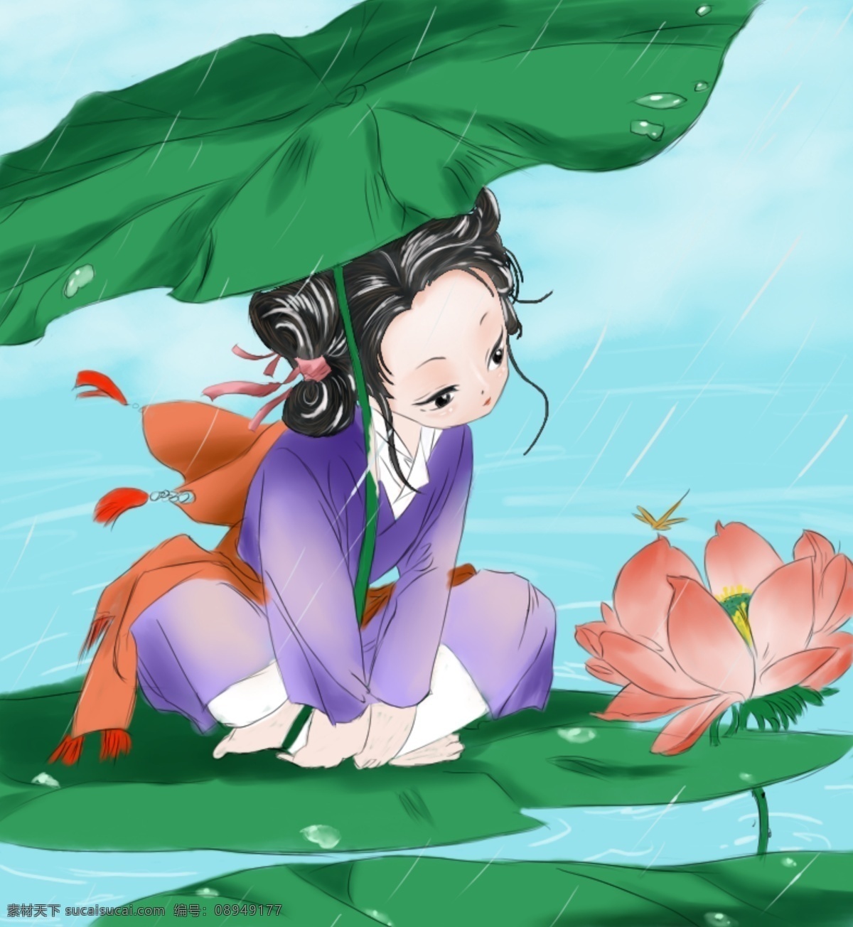 荷叶 上 小姑 凉 壁纸 图案 古风手绘 中国风 清明 下雨 池塘 绿色 青色 荷花 装饰画 客厅装饰画 唯美