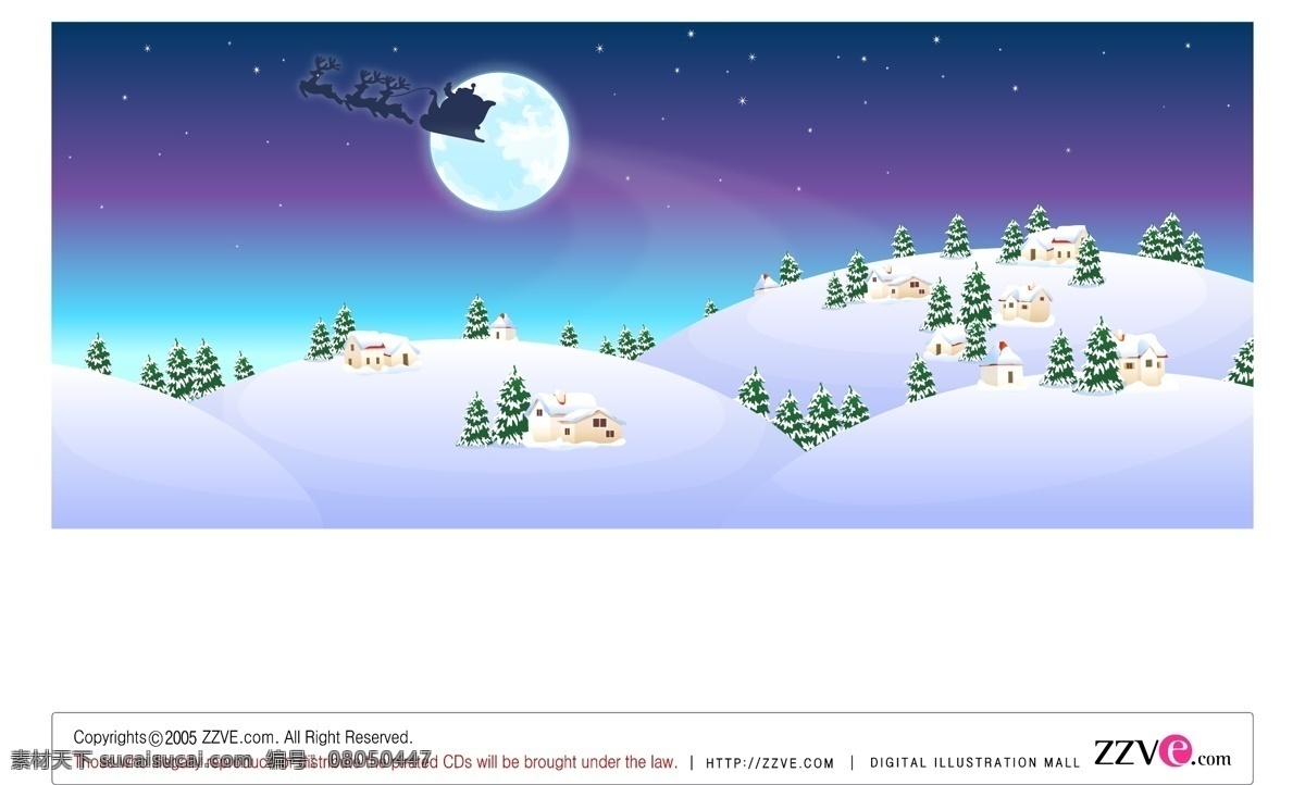 圣诞节 雪景 房子 剪影 麋鹿 模板 设计稿 松树 素材元素 雪夜 星空 月亮 雪橇 源文件 矢量图