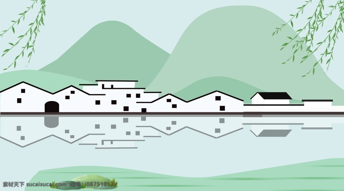 手绘 河边 春天 风景 插画 背景 背景素材 河边背景 柳条 春天风景 通用背景 手绘背景 卡通背景