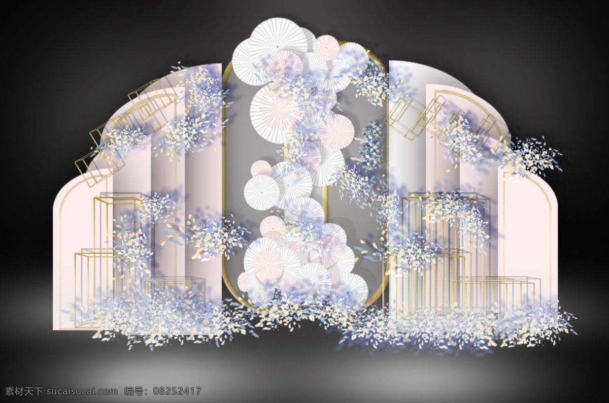 粉色 浪漫婚礼 迎宾 区 效果图 浪漫 婚礼 扇子 粉色背景 迎宾区 圆形扇子 蓝色花艺素材 个性造型 梦幻婚礼
