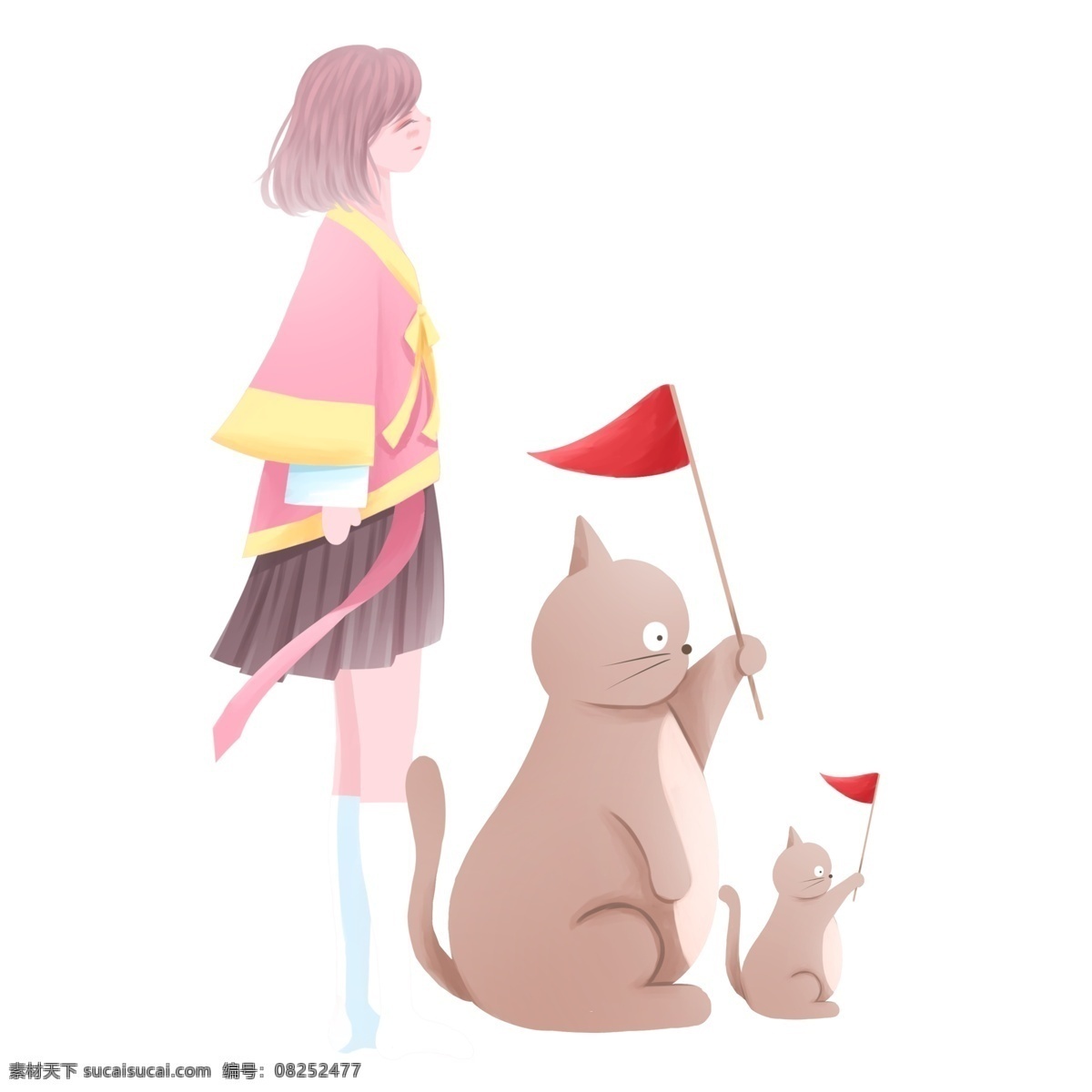 手绘 可爱 女孩 猫 浪漫 免扣素材 透明素材 人元素 人物 猫咪